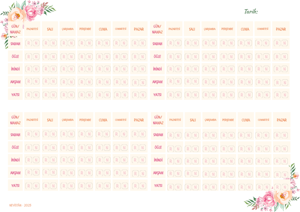 Aylık namaz rutin çizelgesi